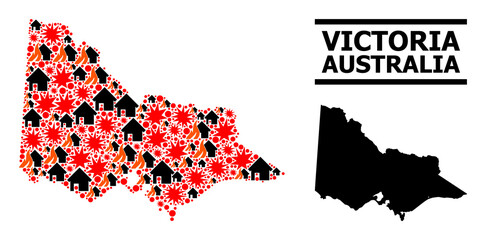 Obraz premium War mosaic vector map of Australian Victoria. Geographic composition map of Australian Victoria is combined with randomized fire, destruction, bangs, burn houses, strikes.