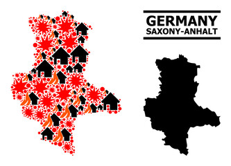 Obraz premium War pattern vector map of Saxony-Anhalt State. Geographic mosaic map of Saxony-Anhalt State is designed with scattered fire, destruction, bangs, burn realty, strikes.