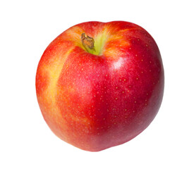One ripe brindle red-yellow apple. Object of fresh fruits, red apples with a stem on a white background.