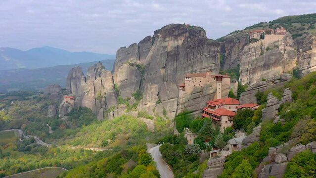 Greece Meteora monasteries in rocks view of cliffs Greece, Europe. landscape place of monasteries on the rock. UNESCO World Heritage. Travel. tourism.