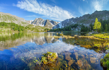 Naklejka na ściany i meble Picturesque landscape, mountain lake in the summer morning, Altai