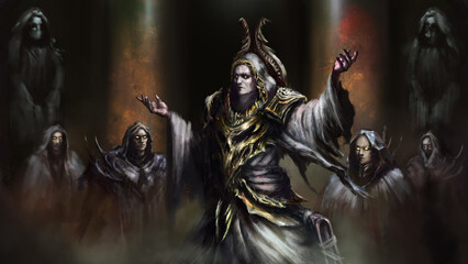 A group of cultists perform a ritual in a dark dungeon, they have pale skin and terribly glowing eyes, they are dressed in dark robes. Digital drawing style, 2D Illustration © Kalleeck