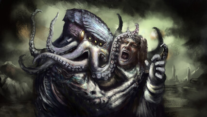 A huge octopus like creature squeezes a screaming man, it has many tentacles and many eyes, its skull is covered with chitinous plates. Digital drawing style, 2D Illustration © Kalleeck