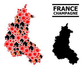 Obraz premium War mosaic vector map of Champagne Province. Geographic mosaic map of Champagne Province is constructed from randomized fire, destruction, bangs, burn homes, strikes.