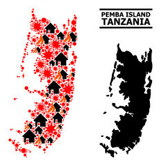 War mosaic vector map of Pemba island. Geographic mosaic map of Pemba island is constructed from scattered fire, destruction, bangs, burn realty, strikes.