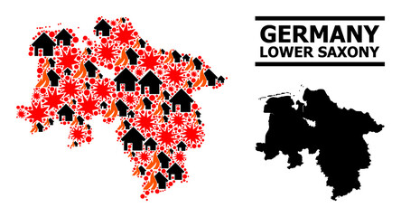Obraz premium War collage vector map of Lower Saxony State. Geographic mosaic map of Lower Saxony State is organized from scattered fire, destruction, bangs, burn houses, strikes.