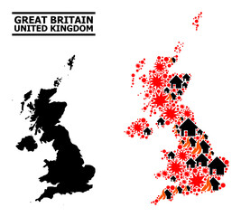 War collage vector map of United Kingdom. Geographic collage map of United Kingdom is composed from scattered fire, destruction, bangs, burn homes, strikes.
