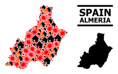 War pattern vector map of Almeria Province. Geographic concept map of Almeria Province is done from scattered fire, destruction, bangs, burn homes, strikes. Vector flat illustration for war posters.