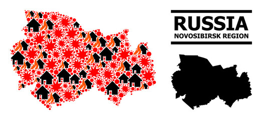 Obraz premium War mosaic vector map of Novosibirsk Region. Geographic mosaic map of Novosibirsk Region is combined from random fire, destruction, bangs, burn homes, strikes.