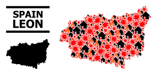 War collage vector map of Leon Province. Geographic collage map of Leon Province is done with randomized fire, destruction, bangs, burn houses, strikes. Vector flat illustration for war posters.