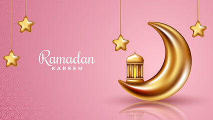 Ramadan kareem background, illustration with gold ornate arabic lanterns, star and crescent moon. Vector illustration