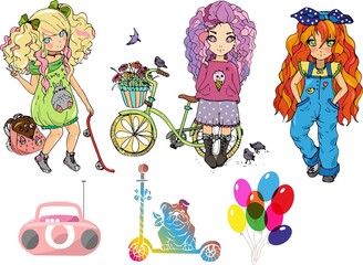 big set of vector cute cartoon illustrations of anime girls. stickers