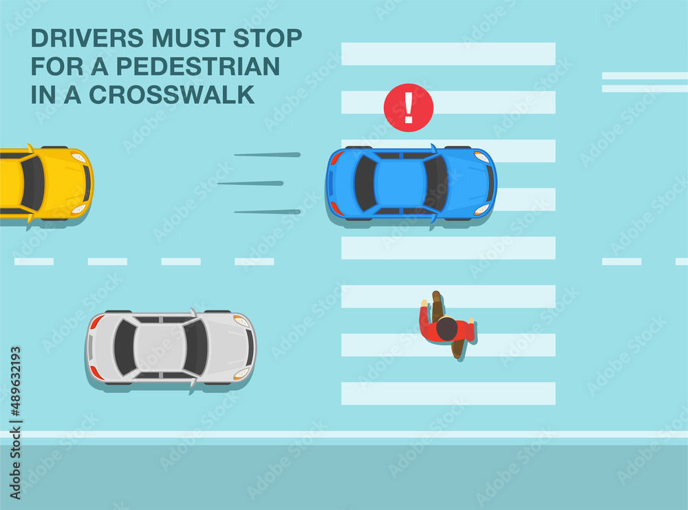 Wall mural Safety driving and traffic regulation rules. All drivers must stop for a pedestrian in a crosswalk. Failing to stop for pedestrians. Top view. Flat vector illustration template.