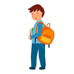 Boy student with school bag and some books in flat design on white background.