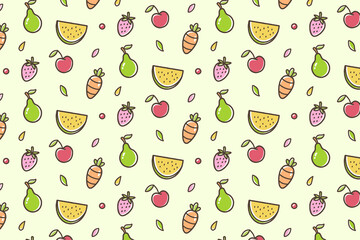 Hand drawn cute fruits and veggie seamless pattern background