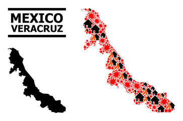 Obraz premium War mosaic vector map of Veracruz State. Geographic mosaic map of Veracruz State is organized from scattered fire, destruction, bangs, burn realty, strikes.