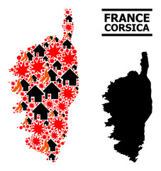 War collage vector map of Corsica. Geographic collage map of Corsica is organized from random fire, destruction, bangs, burn homes, strikes. Vector flat illustration for war collages.