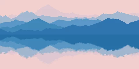 Gordijnen Fantasie rond het thema van het ochtendlandschap. Schilderachtige reflectie in het meer, bergen in de mist. Vectorillustratie, Eps10. © Valerii