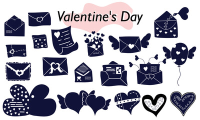 A set of items for Valentines Day. Envelopes, valentines, letters. Icons. In a solid version, in one color. A symbol of love and a Valentines Day holiday. Vector illustration.