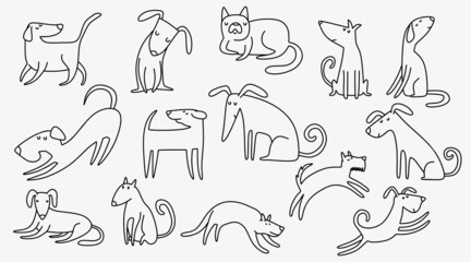 set of hand drawn illustration with cute dogs. 