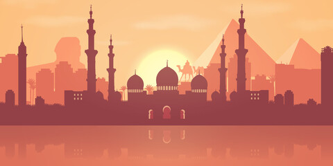 The skyline of Cairo (Egypt). The background is a silhouette in yellow and orange shades. Mosque, Egyptian pyramids, sun and camels.