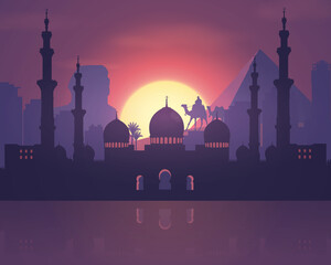 The skyline of Cairo (Egypt). The background is a silhouette in purple shades. Mosque, Egyptian pyramids, sun and camels.