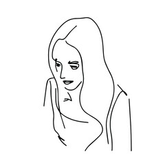 Silhouette of a women with long hair. Pretty and young girl. Abstract minimalistic sketch in black continuous lines. Great for postcard, textiles, logo ,icon, avatar. - 489638754