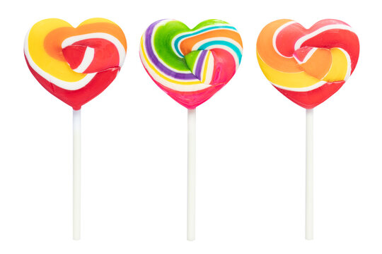Set of swirl heart lollipops isolated on white background