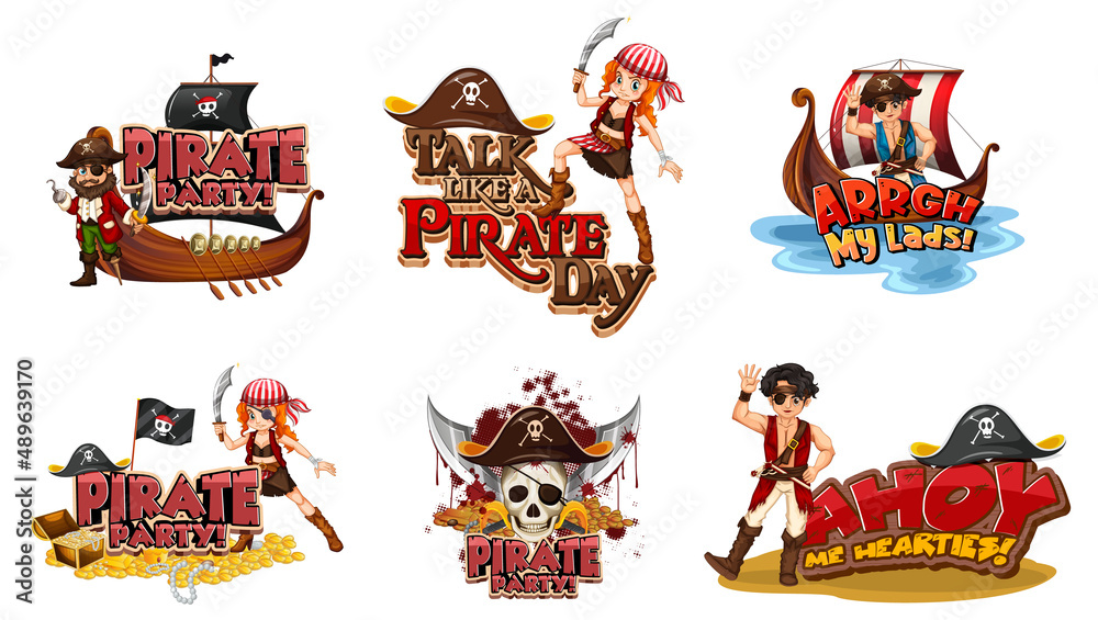 Sticker Set of pirate cartoon characters and objects