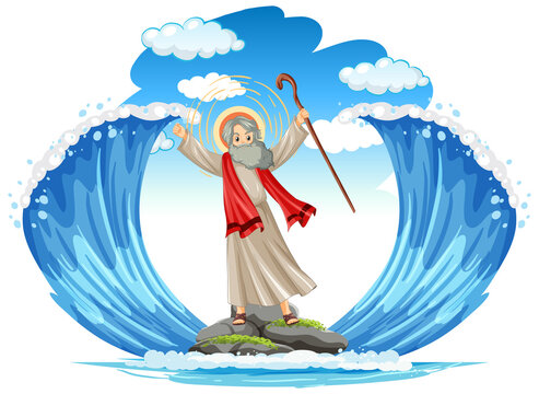 Moses cartoon character with red sea background