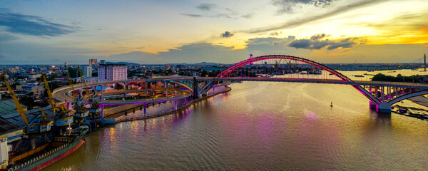 Haiphong, Vietnam Aug 2020 Aerial View of Hoang Van Thu bridge during Sunset