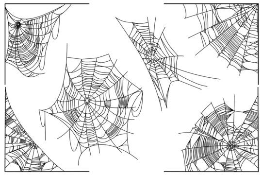 Spider web parts isolated on white background. Scary cobweb outline decor. Vector design elements for Halloween, horror, ghost or monster party, invitation and posters.