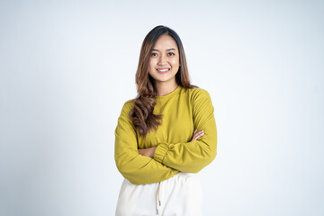 young asian woman stand with crossed hands