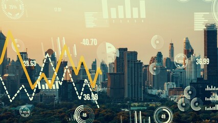 Business data analytic interface fly over smart city showing alteration future of business intelligence. Computer software and artificial intelligence are used to analyze big data for strategic plan .
