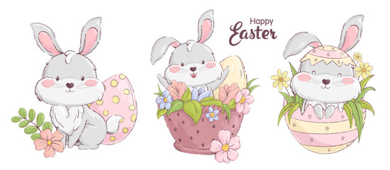 A set of beautiful illustrations with an Easter Bunny. Happy bunny with Easter eggs and flowers. Vector illustration.