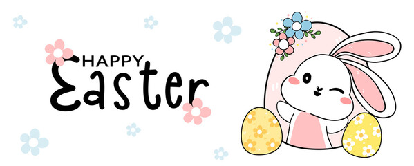 group of cute Happy white baby bunny rabbit in hole, have a lovely day, cartoon drawing outline banner