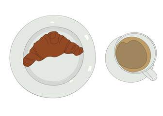 Croissant and coffee on a plate vector illustration.