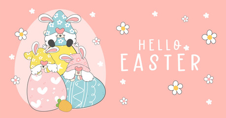 Cute Easter gnome in eggshell group, happy holidays cartoon hand drawing idea for greeting card, banner