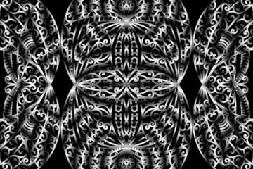seamless circular circle  Black and white caleidoscope gradient flower art pattern of indonesian traditional tenun batik ethnic dayak ornament for wallpaper ads background 