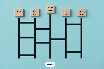 Start of ladder lottery to Happy smile face emoticon icons on Wooden Cube good feedback rating for...