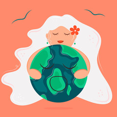 Young woman with long hair embraces the Earth. Earth day and World environment day concept. Vector illustration for banner background in flat style 