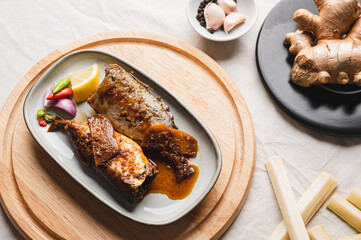 Asian Street food, salted mackerel, boiled fish, Thai food, local food, very delicious,