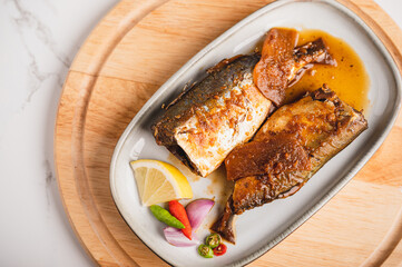 Asian Street food, salted mackerel, boiled fish, Thai food, local food, very delicious,