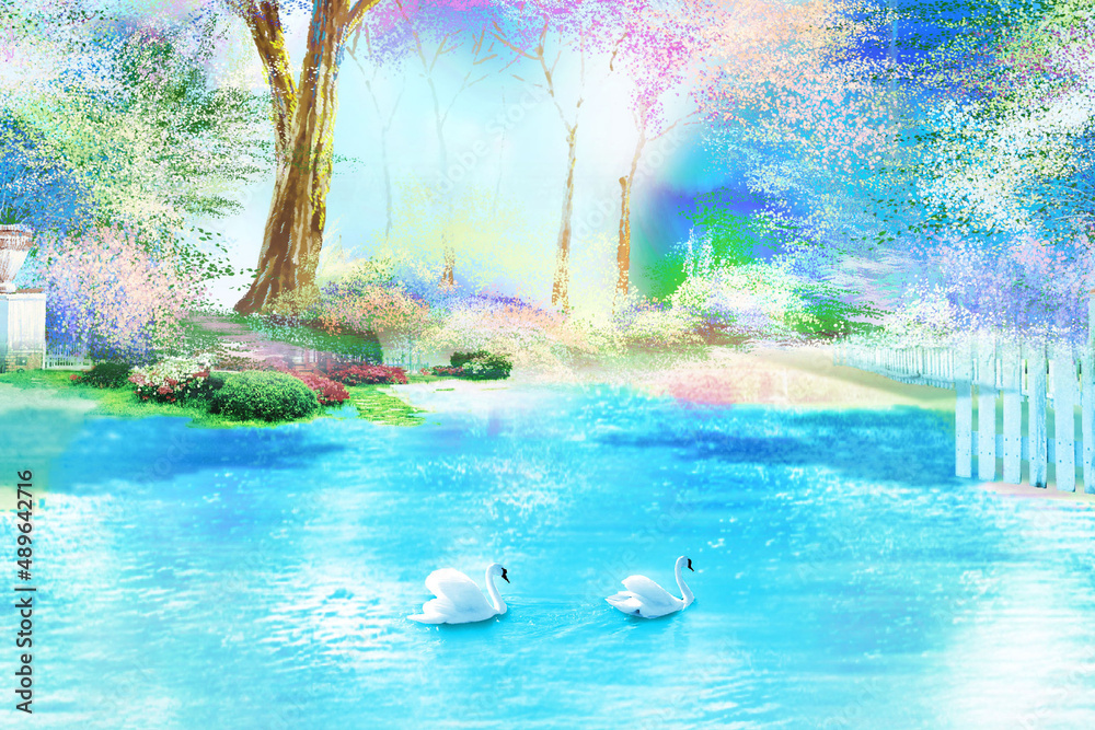 Wall mural Watercolor hand-painted landscape Swan flower forest