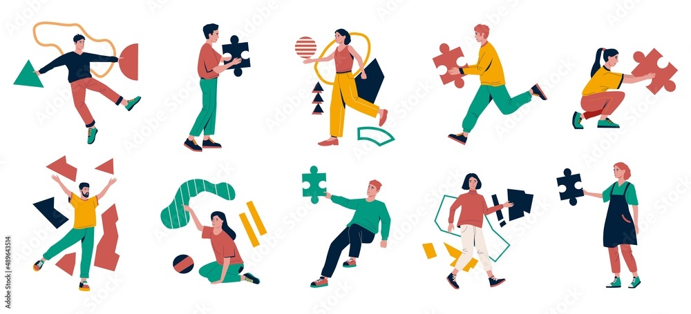 Aufkleber people with puzzle elements. men or women holding geometric pieces. characters thinking or solving j