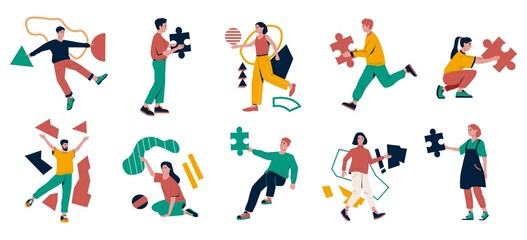 Fototapeta na wymiar People with puzzle elements. Men or women holding geometric pieces. Characters thinking or solving jigsaw. Persons set brainstorming and looking for decision. Vector finding solution