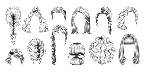 Hand drawn haircut. Female wig sketch. Womans long and short hairstyles. Girls beauty salon models. Coiffure with braid, ponytail and bun. Vector hairdo pencil drawing isolated set