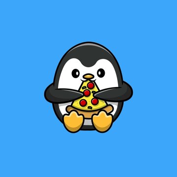 Cute Penguin Eat Pizza Cartoon Vector Icon Illustration. Animal Food Icon Concept Isolated Premium Vector. Flat Cartoon Style