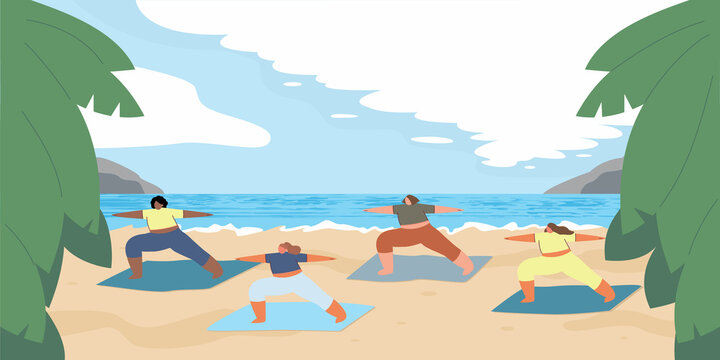 Young girls do yoga in nature. Group wellness classes on the beach. Women perform exercises. Sports tourism. Relaxing time by the sea. Cartoon vector flat illustration.