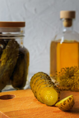 Pickled cucumbers in a jar.